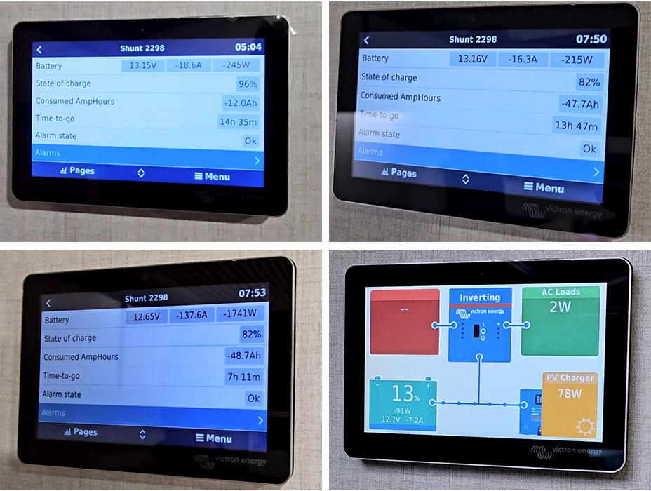 Battery monitor from setup to morning. Top left, 5:04 PM at 96%. Top right, 7:50 PM at 82%. Bottom left, air fryer on, 1,741W. Bottom right, morning at 13%.
